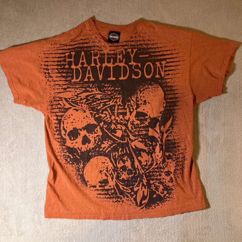 Mens XL Harley-Davidson‎ Graphic T-Shirt Front & Back Lindon Utah Orange Skull